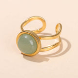 Stainless Steel Flat Round Aventurine Tiger Eye Polished Adjustable Cuff Ring Gold R120