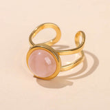 Stainless Steel Flat Round Aventurine Tiger Eye Polished Adjustable Cuff Ring Gold R120