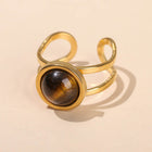 Stainless Steel Flat Round Aventurine Tiger Eye Polished Adjustable Cuff Ring Gold R120