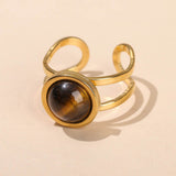 Stainless Steel Flat Round Aventurine Tiger Eye Polished Adjustable Cuff Ring Gold R120