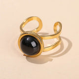 Stainless Steel Flat Round Aventurine Tiger Eye Polished Adjustable Cuff Ring Gold R120