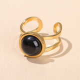 Stainless Steel Flat Round Aventurine Tiger Eye Polished Adjustable Cuff Ring Gold R120