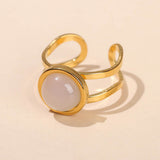 Stainless Steel Flat Round Aventurine Tiger Eye Polished Adjustable Cuff Ring Gold R120