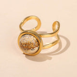 Stainless Steel Flat Round Aventurine Tiger Eye Polished Adjustable Cuff Ring Gold R120