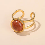 Stainless Steel Flat Round Aventurine Tiger Eye Polished Adjustable Cuff Ring Gold R120
