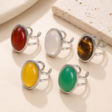 Stainless Steel Agate Oval Tiger Eye Jade Smooth Polished Adjustable Cuff Ring White Silver R119 product image 1