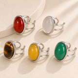 Stainless Steel Agate Oval Tiger Eye Jade Smooth Polished Adjustable Cuff Ring White Silver R119 product image 2