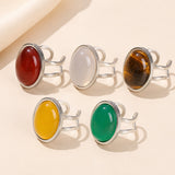 Stainless Steel Agate Oval Tiger Eye Jade Smooth Polished Adjustable Cuff Ring White Silver R119 product image 3