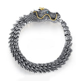 Dragon Mens Head Horns Teeth Eyes Scale-Like Pattern Bangle Antique Silver 7.13-9.5 in T123