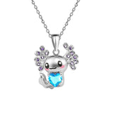 Enamel Rhinestone Axolotl Aquamarine Capri Smooth Glossy Heart Floral Pendant Necklace Deep Pink Blue N103