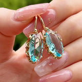 Cubic Zirconia Drop Oval Pale Smooth Polished Dangle Earrings Turquoise Gold 1.18 in E155