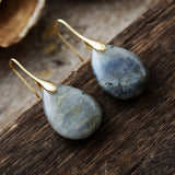 18K Gold-Plated Gemstone Drop Crystal Teardrop Smooth Flower Dangle Earrings 1.57 in E156