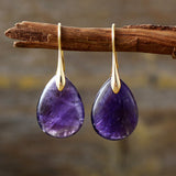 18K Gold-Plated Gemstone Drop Crystal Teardrop Smooth Flower Dangle Earrings 1.57 in E156