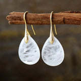 18K Gold-Plated Gemstone Drop Crystal Teardrop Smooth Flower Dangle Earrings 1.57 in E156
