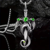 Stainless Steel Dinosaur Ruby Fern Rhinestone Polished Dragon Pendant Necklace Green Red N106