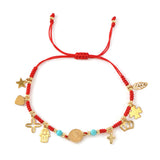 Stainless Steel Hamsa Hand Cross Smooth Heart Leaf Adjustable Beaded Bracelet Gold Red T126 product image 1