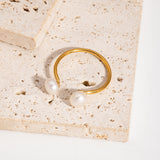 18K Gold-Plated Stainless Steel Pearl Charm Adjustable Open Cuff Ring White R123 product image 1