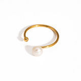18K Gold-Plated Stainless Steel Pearl Womens Adjustable Open Cuff Ring White R124 product image 1