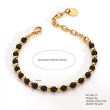 18K Gold-Plated Stainless Steel Round Agate Bohemian Smooth Polished Lobster Clasp Beaded Bracelet Black T127