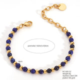 18K Gold-Plated Stainless Steel Round Agate Bohemian Smooth Polished Lobster Clasp Beaded Bracelet Black T127