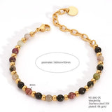 18K Gold-Plated Stainless Steel Round Agate Bohemian Smooth Polished Lobster Clasp Beaded Bracelet Black T127