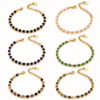 18K Gold-Plated Stainless Steel Round Agate Bohemian Smooth Polished Lobster Clasp Beaded Bracelet Black T127 product image 1