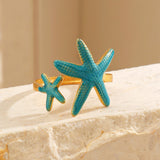 Stainless Steel Enamel Starfish Teal Ocean Polished Star Adjustable Cuff Ring Gold R130 product image 1