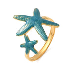 Stainless Steel Enamel Starfish Teal Ocean Polished Star Adjustable Cuff Ring Gold R130 product image 2