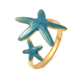 Stainless Steel Enamel Starfish Teal Ocean Polished Star Adjustable Cuff Ring Gold R130 product image 2