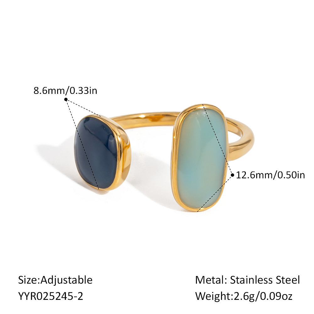 18K Gold-Plated Stainless Steel Enamel Square Rectangle Oval Adjustable Open Cuff Ring R133 product image 1
