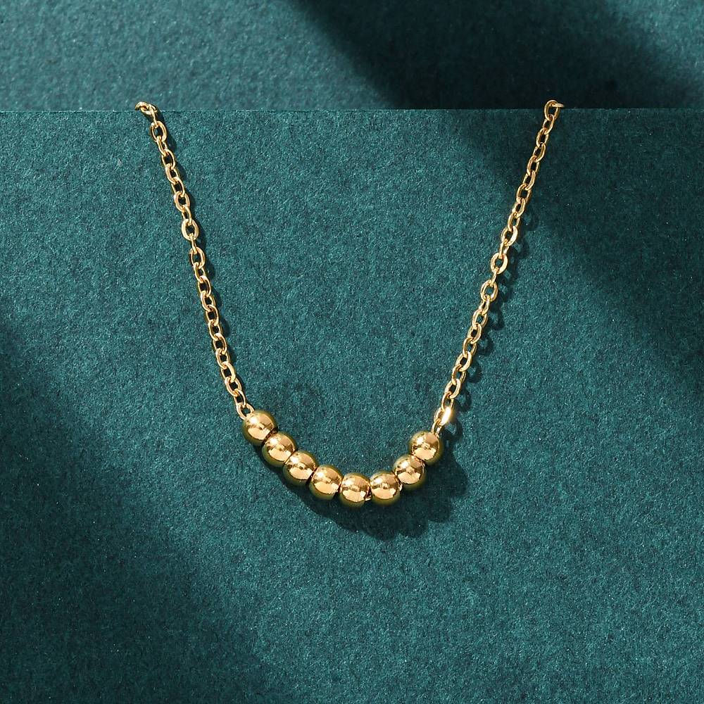 18K Gold-Plated Stainless Steel Round Beaded Smooth Pendant Necklace 16.14 in N132 product image 1