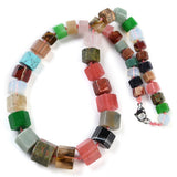 Gemstone Glass Crystal Hexagon Quartz Jasper Aventurine Smooth Glossy Square Beaded Necklace White Silver Gray N134