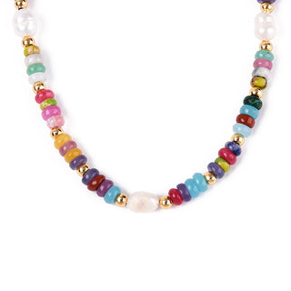 Gold-Plated Pearl Agate Rondelle Beaded Womens Smooth Heart Oval Round Lobster Clasp Chain Necklace 15.94 in N142 product