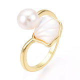 18K Gold-Plated Shell Pearl Lipped Oyster Polished Shiny Leaf Oval Adjustable Open Cuff Ring Silver R135 product image 1