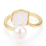18K Gold-Plated Shell Pearl Lipped Oyster Polished Shiny Leaf Oval Adjustable Open Cuff Ring Silver R135 product image 2