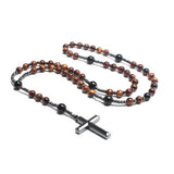 Cross Round Beaded Stone Tiger Eye Frosted Smooth Pendant Necklace Blue Black N143