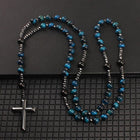 Cross Round Beaded Stone Tiger Eye Frosted Smooth Pendant Necklace Blue Black N143