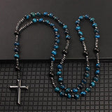 Cross Round Beaded Stone Tiger Eye Frosted Smooth Pendant Necklace Blue Black N143