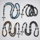 Cross Round Beaded Stone Tiger Eye Frosted Smooth Pendant Necklace Blue Black N143 product image 1