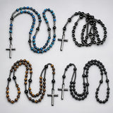 Cross Round Beaded Stone Tiger Eye Frosted Smooth Pendant Necklace Blue Black N143 product image 1