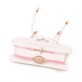 Rhinestone Virgin Mary Cross Womens Matte Textured Oval Adjustable Charm Bracelet Pink Red T131