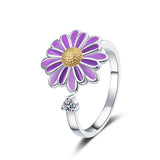 Rhinestone Flower Violet Smooth Floral Adjustable Cuff Ring Purple White Silver Gold R138