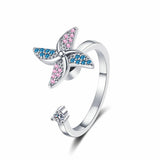 Rhinestone Rotating Windmill Blue Shiny Butterfly Adjustable Ring Silver Gold R140
