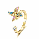 Rhinestone Rotating Windmill Blue Shiny Butterfly Adjustable Ring Silver Gold R140