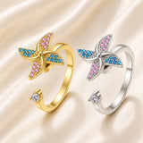 Rhinestone Rotating Windmill Blue Shiny Butterfly Adjustable Ring Silver Gold R140 product image 2