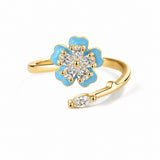 Cubic Zirconia Enamel Flower Micro Pave Fidget Shiny Oval Floral Adjustable Cuff Ring Gold R141