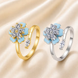 Cubic Zirconia Enamel Flower Micro Pave Fidget Shiny Oval Floral Adjustable Cuff Ring Gold R141 product image 1