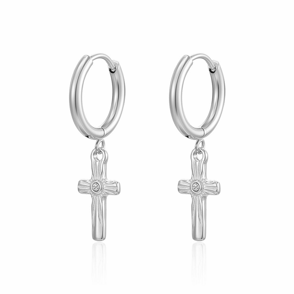 Stainless Steel Cross Rhinestone Huggie Polished Shiny Hinged Closure Dangle Hoop Earrings Silver Gold E161 product image 1
