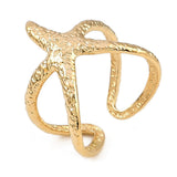 18K Gold-Plated Stainless Steel Starfish Womens Hammered Textured Star Cross Adjustable Open Cuff Ring R143 product image 1