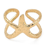 18K Gold-Plated Stainless Steel Starfish Womens Hammered Textured Star Cross Adjustable Open Cuff Ring R143 product image 2